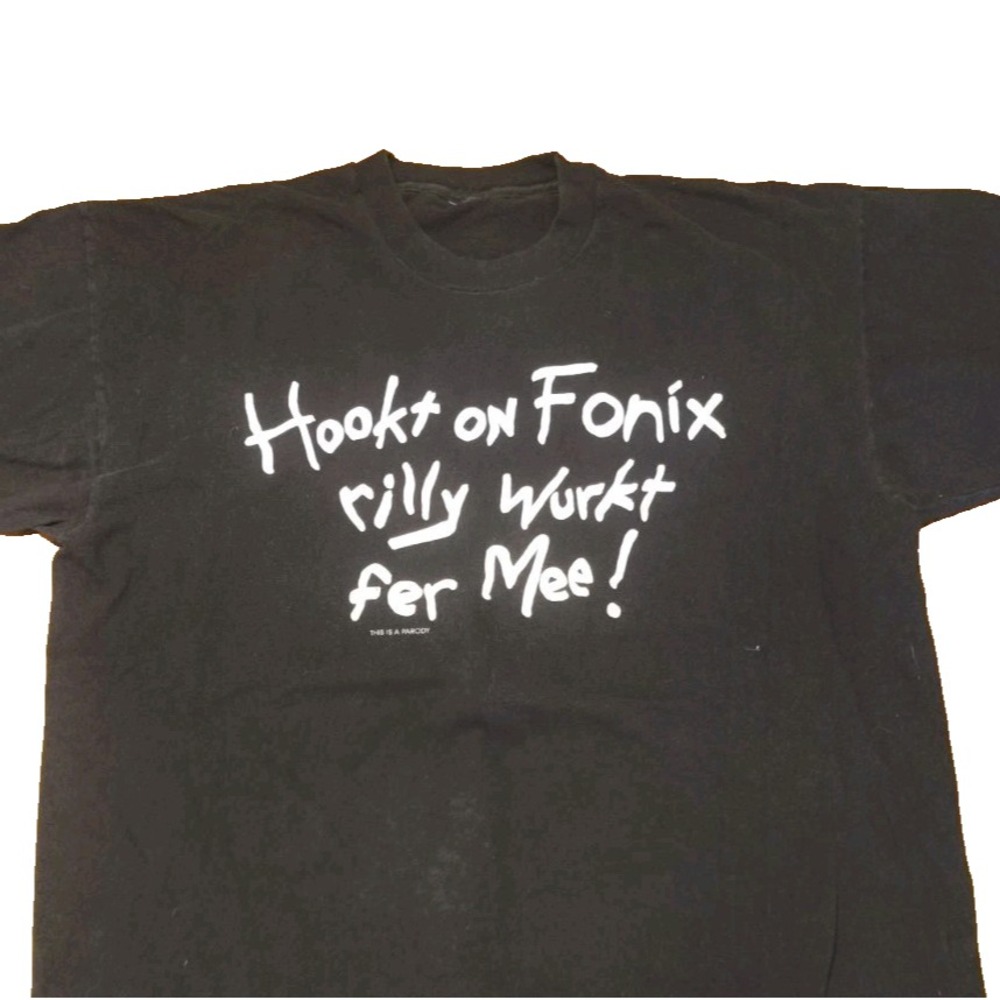 Vintage Hookt on Fonix Rilly Wurkt Fer Mee Parody T-Shirt Black Single Stitch XL